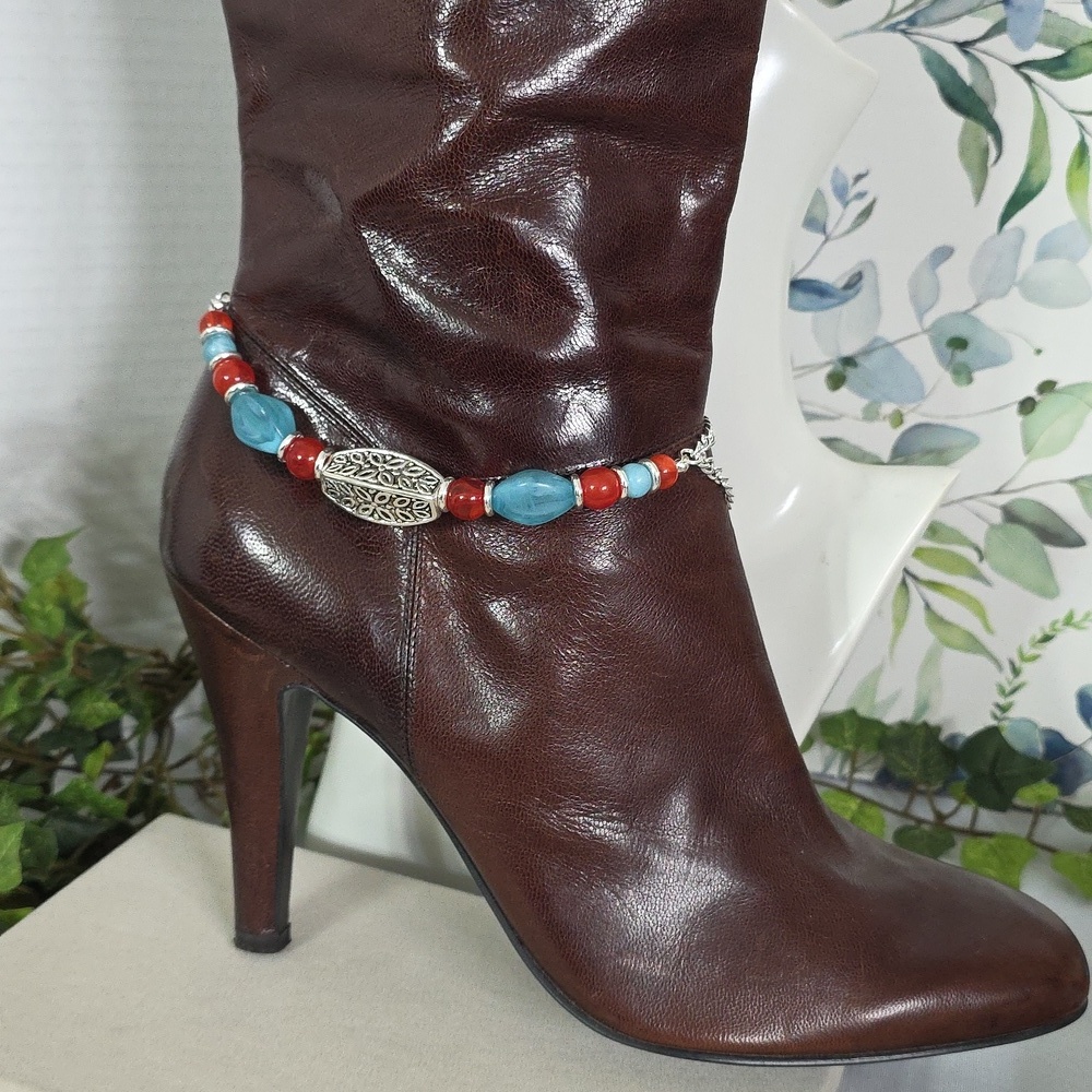 Western Boho Silver and Turqupise Blue Orange Chain Boot Bracelet Jewelry